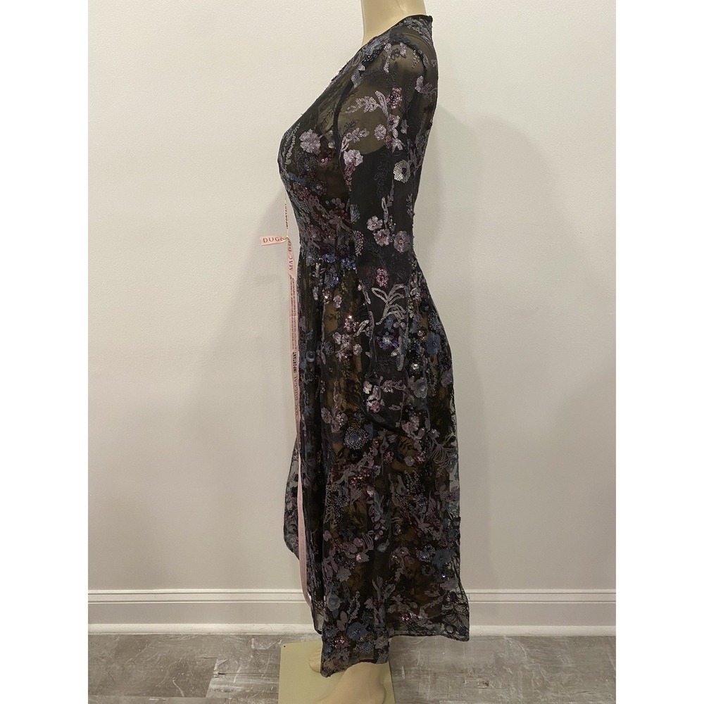 MacDuggal Illusion Floral Long Sleeve Fit Flare Dress Black Beaded Sequin NWT 4 - Picture 3 of 16